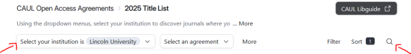 Screenshot showing placement of the institution dropdown menu and journal title search button